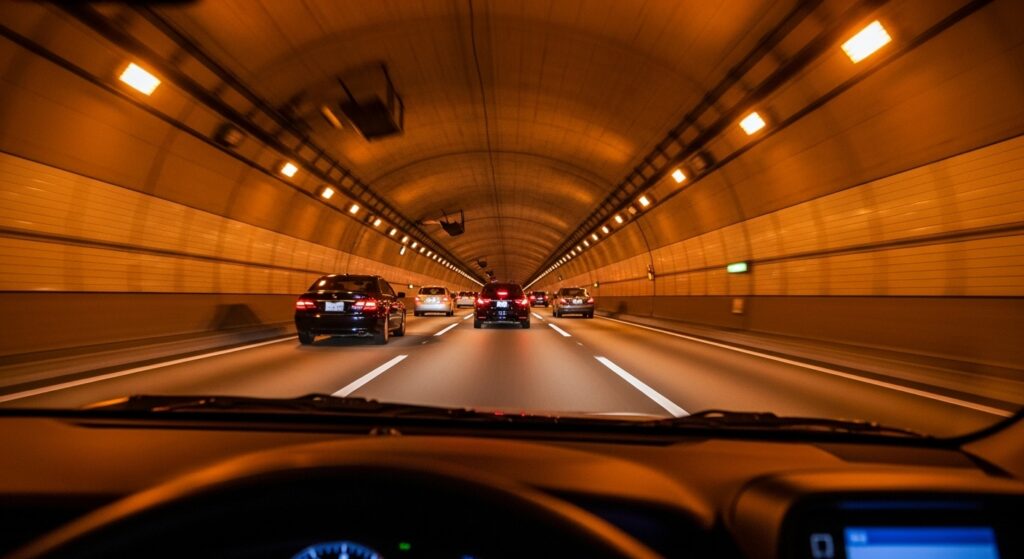 首都高のトンネル内を走行中の車列を車内から見た視点。オレンジ色の照明がトンネル全体を照らし、前方の車との車間距離を意識する緊張感がある。