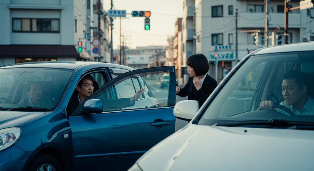 信号待ちで青信号になっても発進が遅れ、後続車にクラクションを鳴らされ口論になるシーン｜ペーパードライバーあるある
