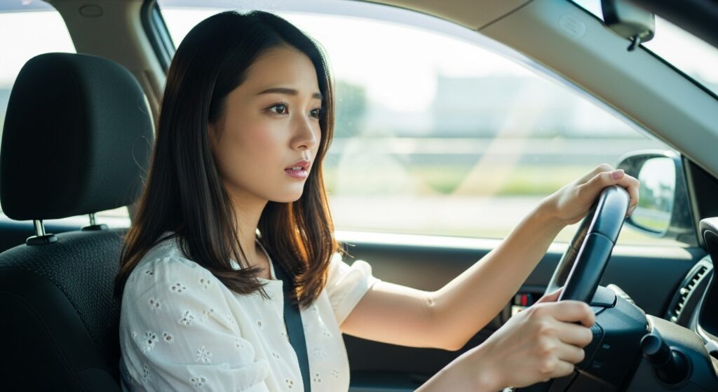 「外堀通りで車線変更に挑戦する日本人女性｜ペーパードライバー講習の運転練習」