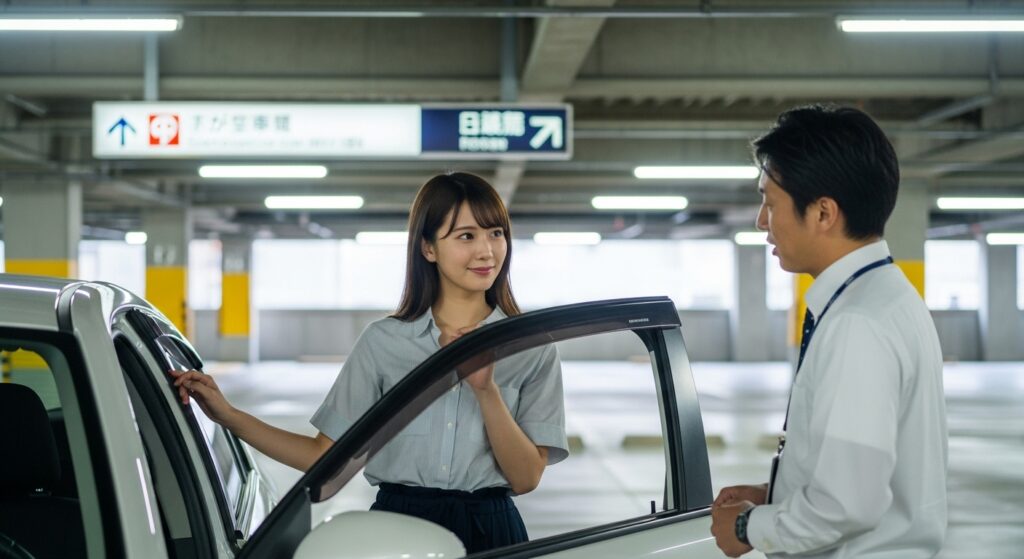 「立体駐車場でインストラクターと会話する日本人女性｜ペーパードライバー講習の駐車練習」