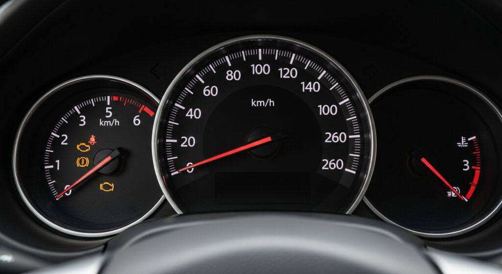 車の速度メーターを示している写真｜標識が見つからず速度に不安を感じる場面