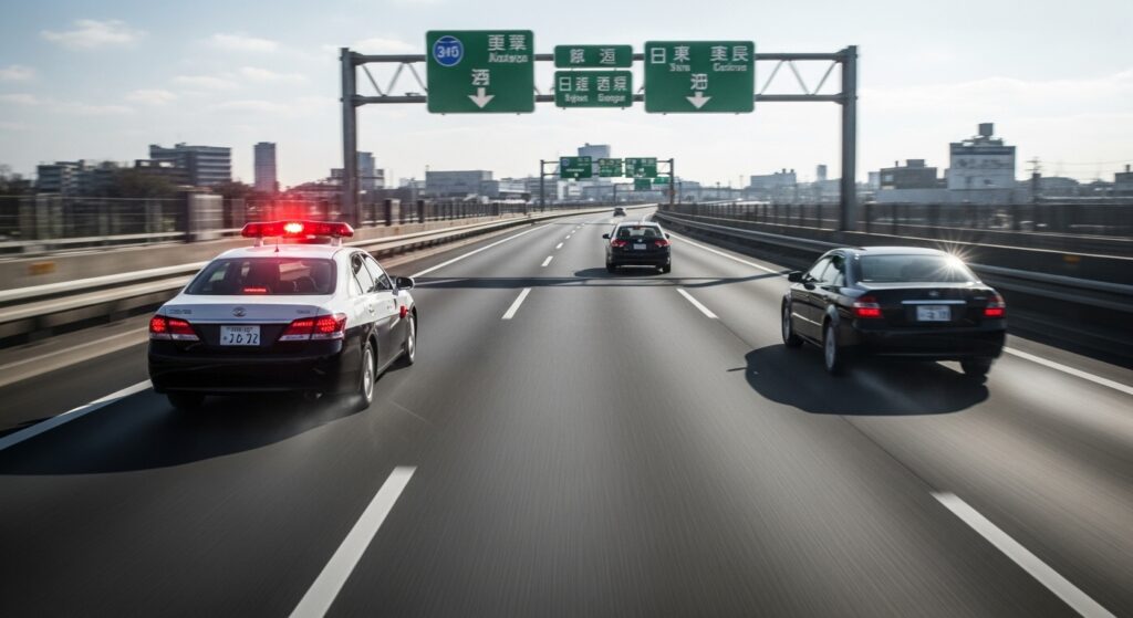 高速道路で赤色灯を点けたパトカーに取り締まりを受ける車｜速度違反は周囲に合わせても自己責任