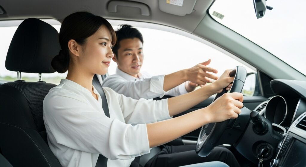 車内でインストラクターが指を差しながら、20代女性ドライバーにハンドルの回し方を指導している場面。女性は落ち着いた表情で両手でハンドルを握り、正しい操作を練習している。