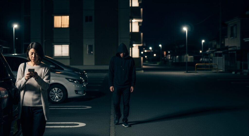夜の郊外駐車場でスマホを見ながら歩く女性の背後に、黒いパーカーの男性がゆっくり近づいてくる防犯注意シーン