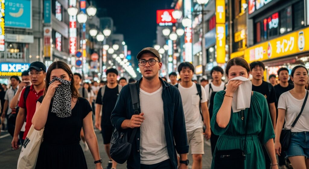 真夏の東京・新宿の繁華街で外国人観光客が暑さに苦しむ様子