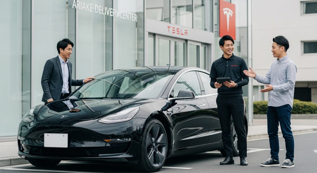 テスラ有明デリバリーセンターの前で、黒いテスラModel 3の横に立つオーナー、ディーラー、インストラクターが納車後の講習内容について会話している様子