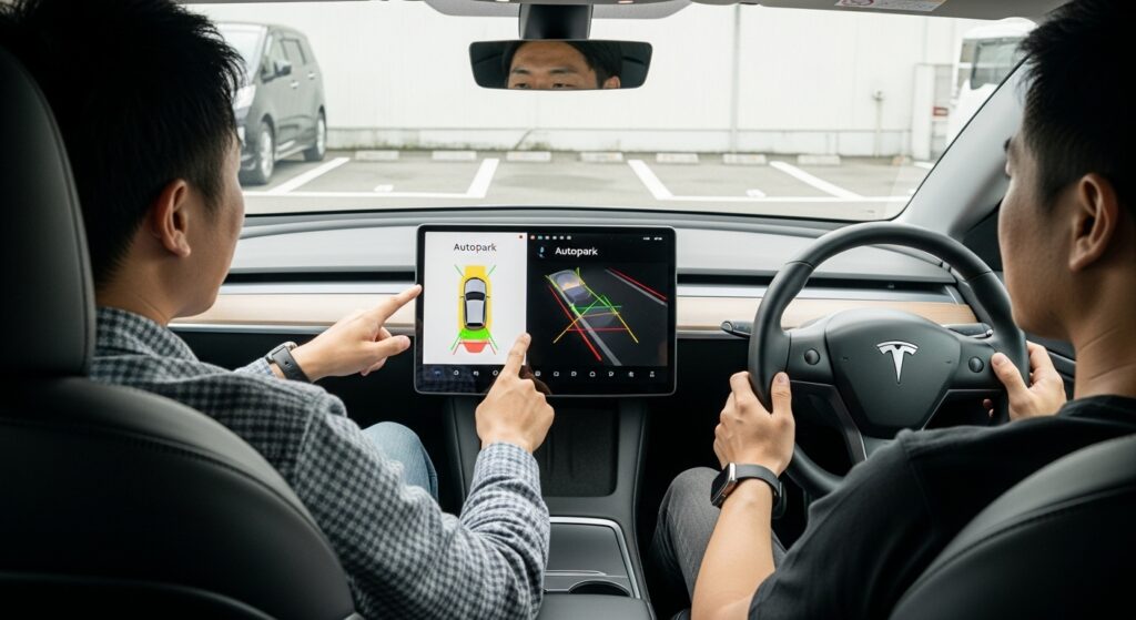 テスラModel 3の車内で、インストラクターが中央モニターのAutopark画面を指差し、オーナーがステアリングに手を添えて駐車練習をしているシーン。日本の駐車場が背景に見える。