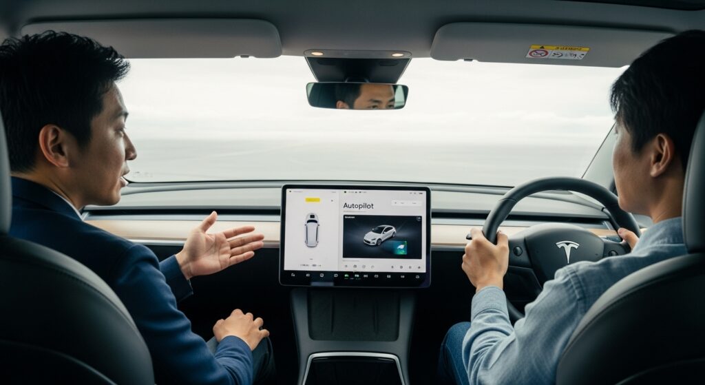 テスラModel 3の車内で、インストラクターが助手席からオートパイロットの設定方法を説明している様子。右ハンドル、モニターにAutopilot画面が表示されている。