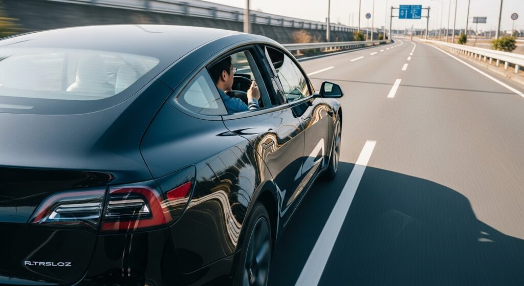 黒いテスラModel 3が高速道路を走行している後方視点のシーン。オーナーが運転席で前方を確認しながらオートパイロットを使用している様子。