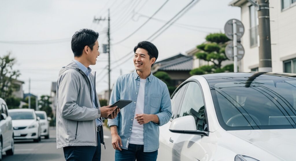 テスラModel 3のマイカーを使って出張型ペーパードライバー講習を受講するオーナーとインストラクターが住宅街で会話している様子