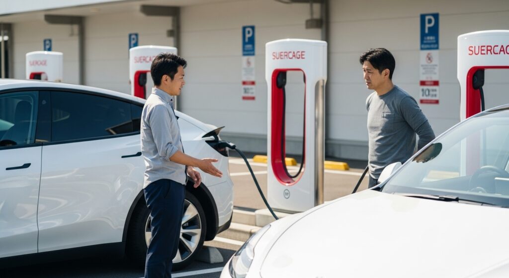 テスラのスーパーチャージャーでオーナーとインストラクターが充電について会話しているシーン。ケーブルが接続され、充電中の状態。