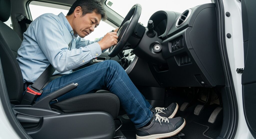 「50代の男性ドライバーが車内で正しい足の位置を確認している。厚底靴からスニーカーに履き替えてペダル操作が改善した事例。」