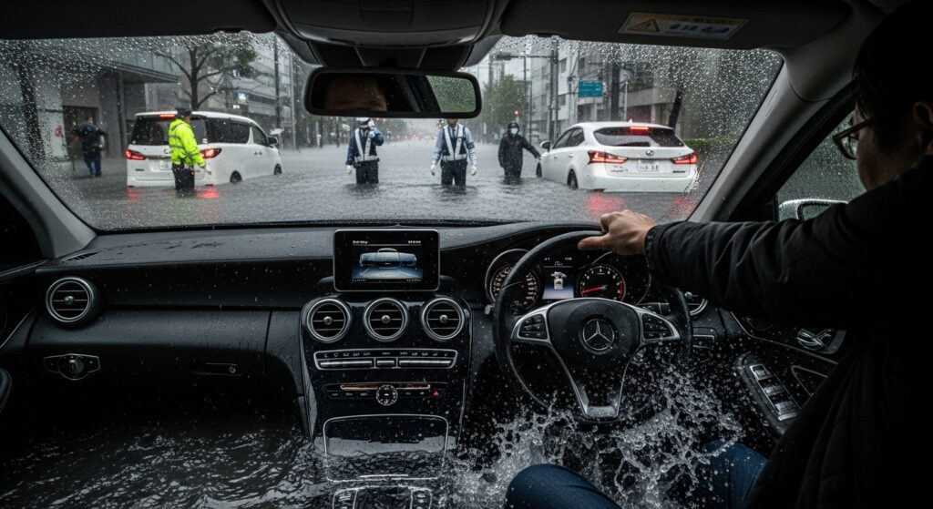 冠水した道路でメルセデス車内に水が流れ込み、運転席の足元まで浸水。運転手が脱出の準備をしている視点。