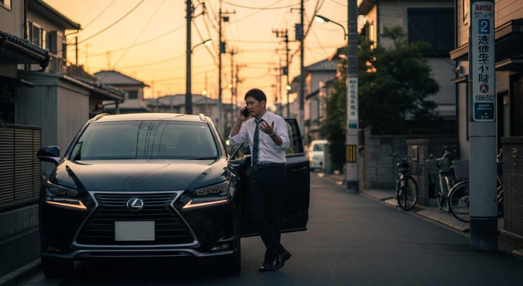 夕方の住宅街で停車中の黒いレクサスSUVの横でスマホ通話をするパパ｜送迎ルートの共有や連絡をイメージしたシーン