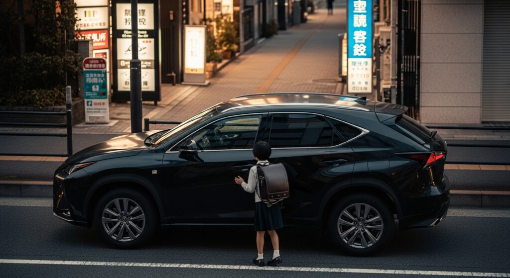 夕方の住宅街で黒のレクサスSUVに乗り込む小学生の送迎シーン｜東京の狭い生活道路