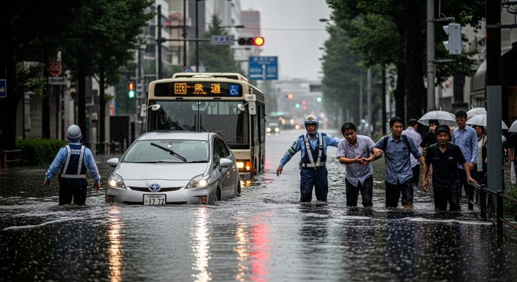 冠水した東京都内の道路で、プリウスとバスが立ち往生。警察官が誘導し、サラリーマンたちが水に浸かりながら避難している。