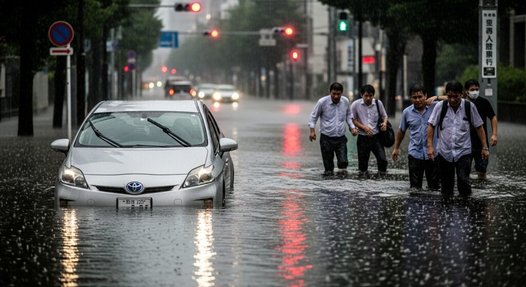 豪雨で冠水した東京都内の道路に取り残されたプリウスと、膝まで水に浸かりながら歩くサラリーマンたち