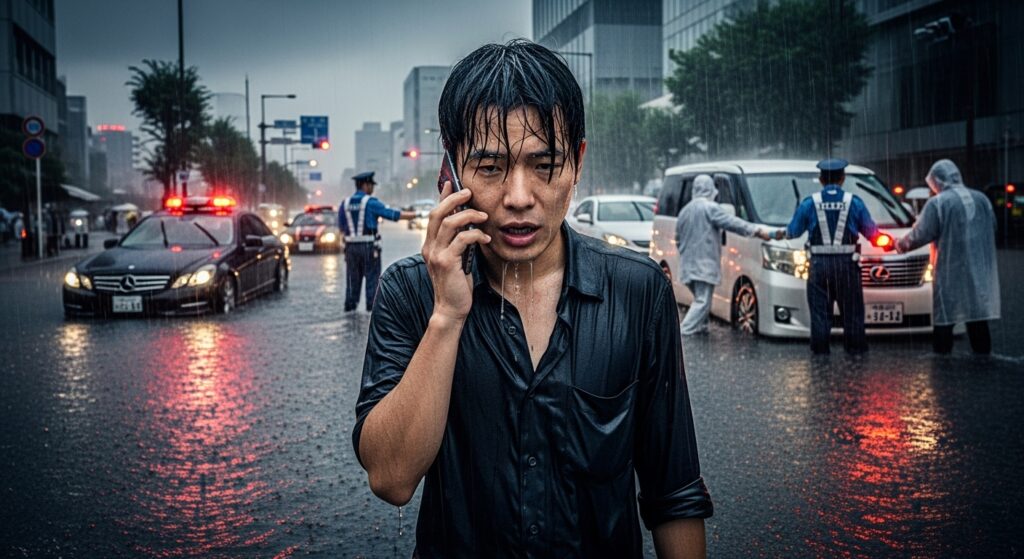 豪雨で冠水した道路でずぶ濡れの男性が電話をしている。背景では警察官が車両を誘導している。