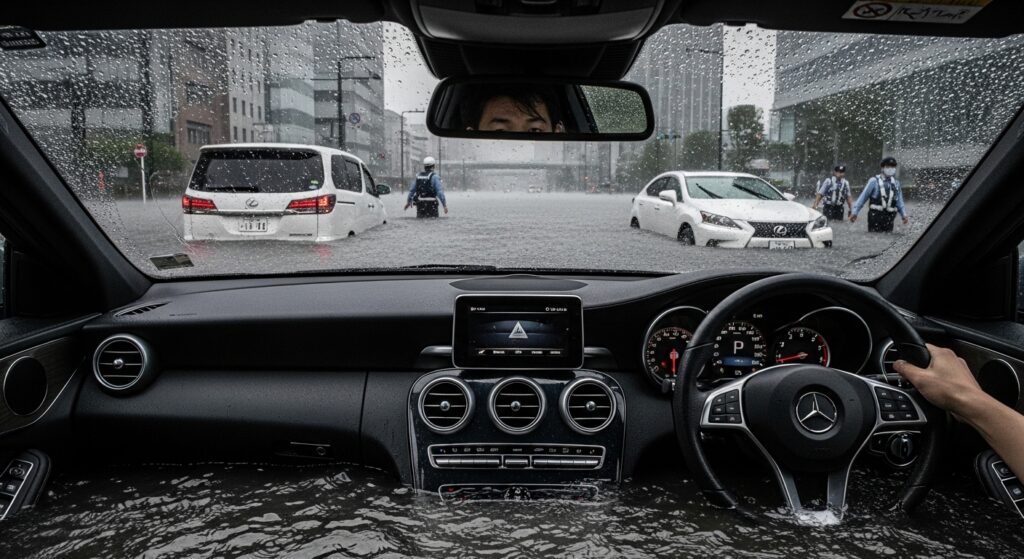 冠水した道路でメルセデス車内に水が流れ込み、運転手が冷静に脱出を決意する視点。外では警察官が水の中で避難誘導している。