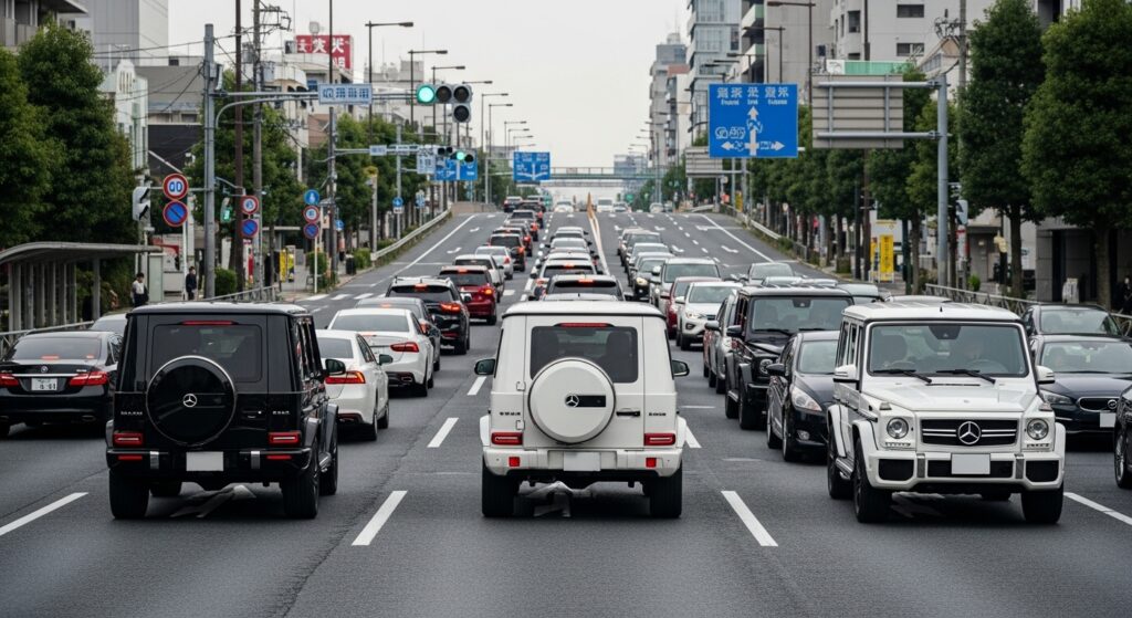 渋滞する都内幹線道路を走るメルセデス・ベンツGクラスと他の車両の様子