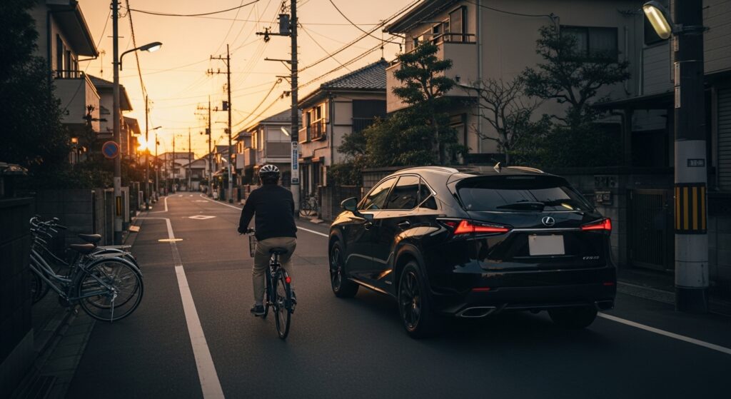 夕方の住宅街で自転車の後ろを安全距離を保って走る黒いレクサスSUV｜予測運転で事故を防ぐ場面