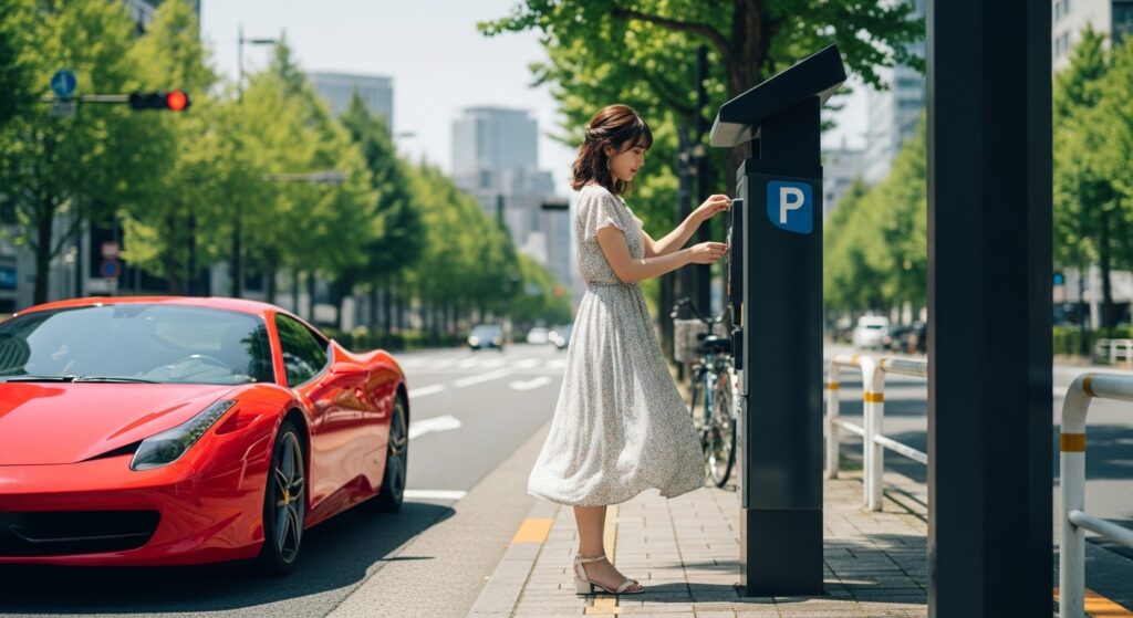 「夏の都内で白いワンピースを着た女性がパーキングメーターに料金を入れている。後ろには赤いフェラーリが停まっている。」
