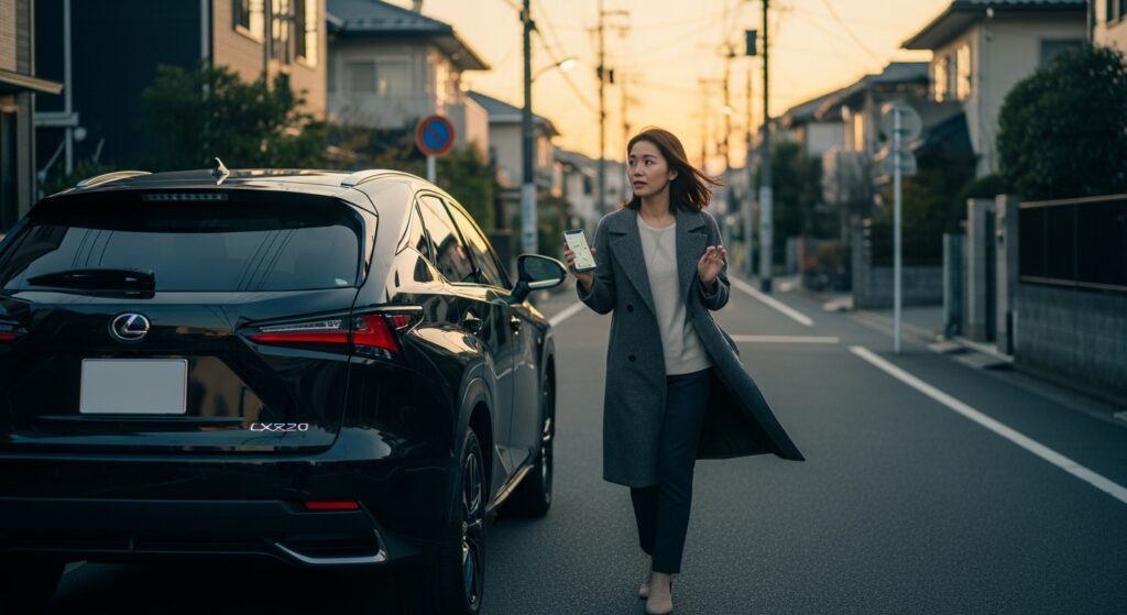 夕方の住宅街で停車したレクサスSUVの横で、スマホの地図アプリを確認するママ｜ルート下見シーン