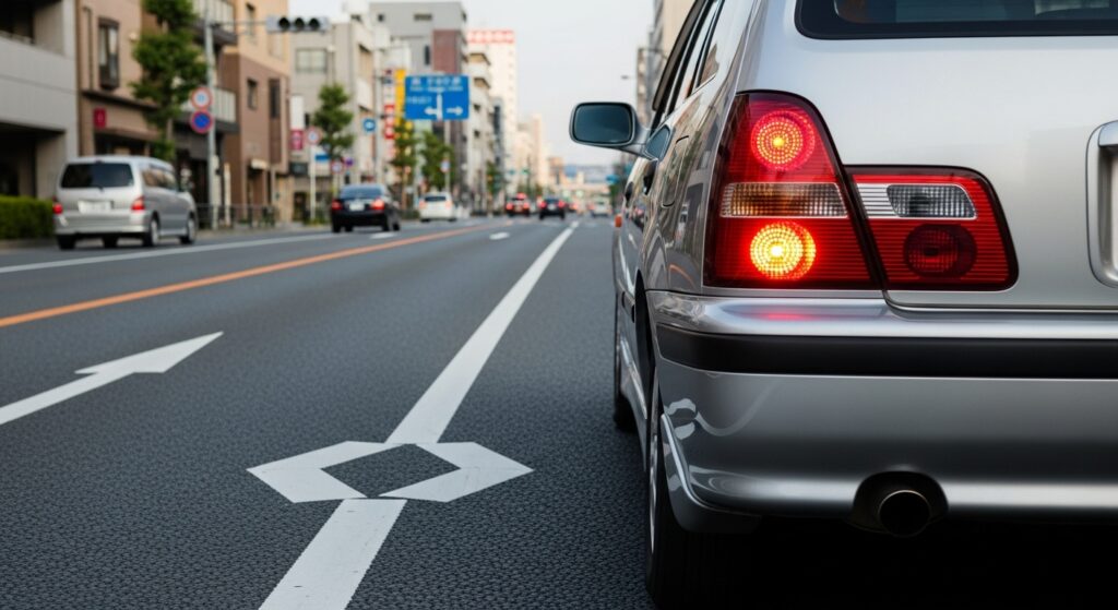 一般道路で右ウインカーを出して進路変更の準備をしている車の後方シーン