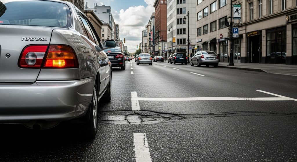 一般道路で交差点手前に差し掛かり、右ウインカーを出して右折の準備をしている車の後方シーン