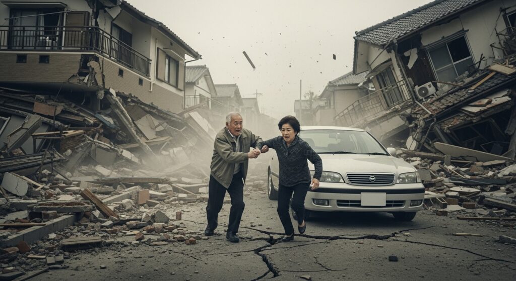 「地震で倒壊した住宅街を背景に、高齢の夫婦が車で避難しようとする様子。都市部の災害と運転困難のリスクを象徴するリアルなシーン。」