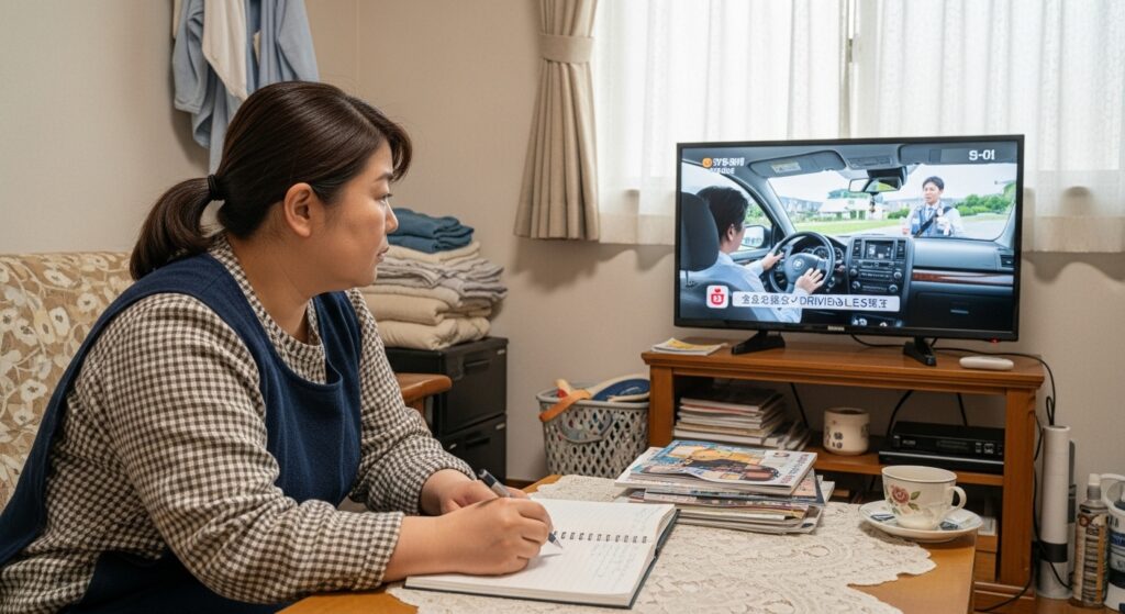 「退職後、自宅でテレビの運転講習番組を見ながらノートにメモを取る50代の女性。履歴書に自信が持てず、不安を抱えつつ学び直しを模索している。」