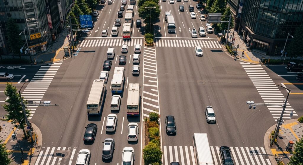 真夏の東京、大通りの交差点を走る車の列。冷房の効いた車内が人々の避難所となり、都市生活のライフラインとして機能している様子。