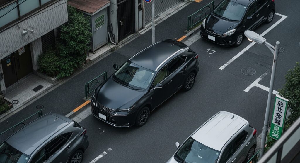 狭い住宅街の道路で縦列駐車している黒いレクサスSUV｜路上駐車のリスクと安全な送迎場所の解説