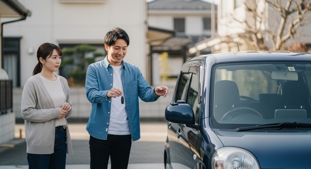 週末の朝、自宅前で車のキーを手にする男性と見守る女性。これから運転練習を始める前のシーン。