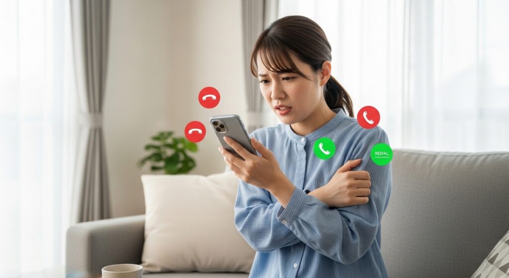 電話をかけてもつながらず、何度もリダイヤルして不安になっている女性の様子
