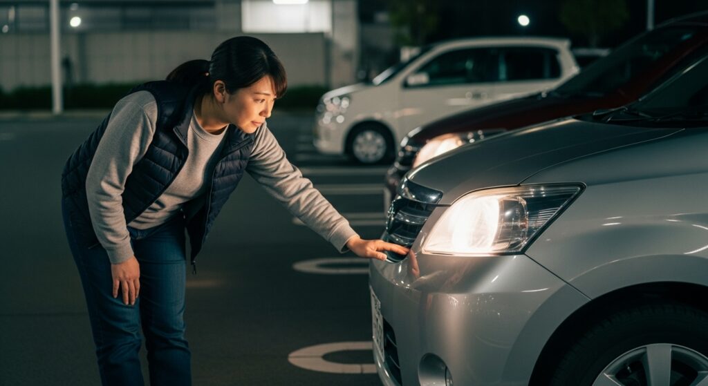 夜間運転前に駐車場でヘッドライトを点検する女性ドライバー