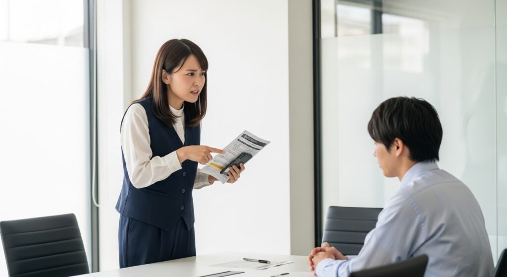 ペーパードライバー卒業セットの予約が取れずスタッフに強く訴える女性