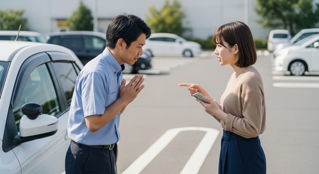 予約が取れず駐車場でインストラクターに不満を伝える女性