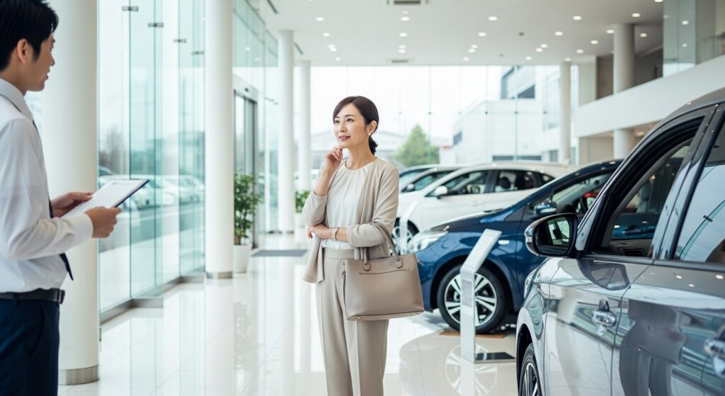 「ディーラーでマイカー購入を検討する女性。営業担当者と相談しているシーン」