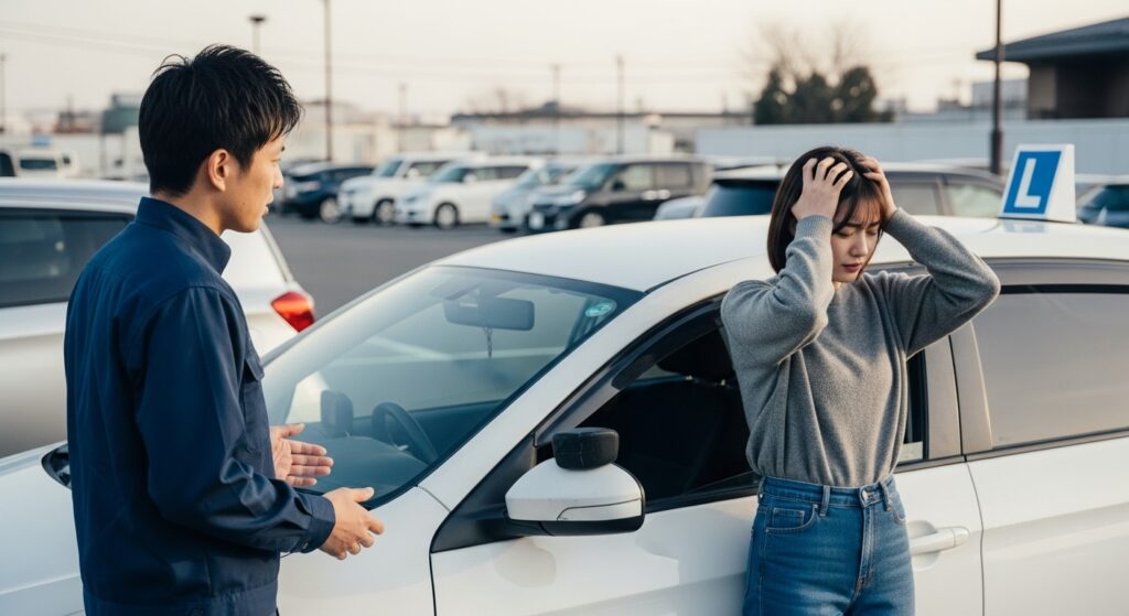 インストラクターとの相性が合わず駐車場で頭を抱える女性ドライバー