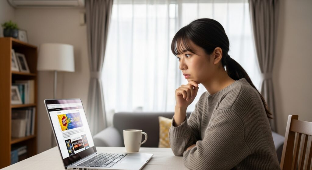古いデザインの公式サイトを見て不安になる女性