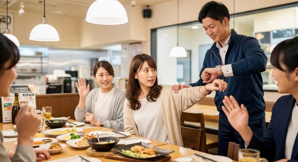 仕事帰りの食事会で腕時計を見ながら急いで帰る女性