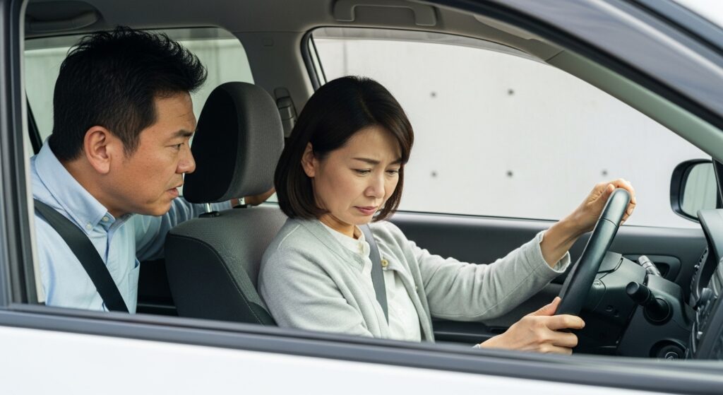 夫から運転中に厳しく指摘され落ち込む女性ドライバー