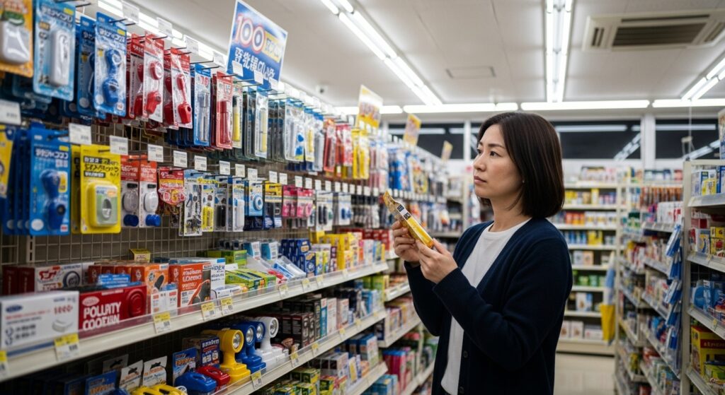 100円ショップの防犯グッズ売り場で防犯ブザーやホイッスルを選ぶ女性。車内に常備して緊急時に使えるようにするための準備シーン。