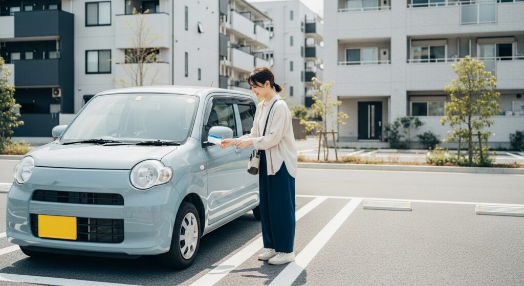 「カーシェアの車を利用する女性。駐車場でカードをかざして解錠するシーン」