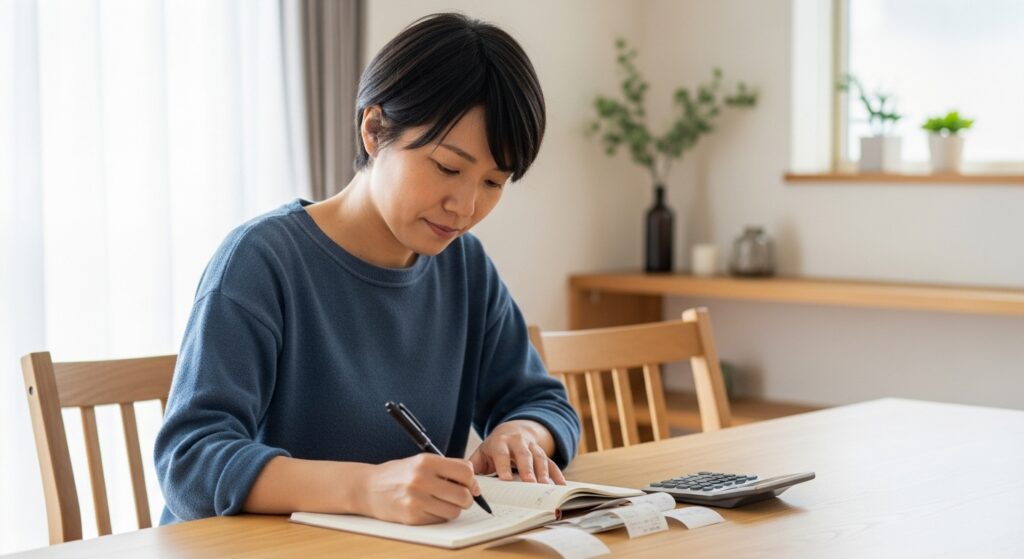 「家計簿をつける日本人女性。都内で車やカーシェア費用と生活費のバランスを考えているイメージ」