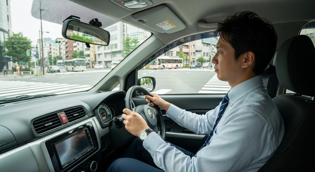「山手通りを走行する30代の日本人男性ドライバー。ハンドルをしっかり握り、大型車の死角を避けて安全距離を確保しているシーン。」