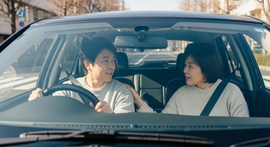 ADHDドライバーの再スタート|家族に支えられながら運転を再開する男性 日中の車内で会話を交わす男女。ADHD傾向のあるドライバーが、家族に励まされながら自分のペースで運転を再開しようとしている様子。