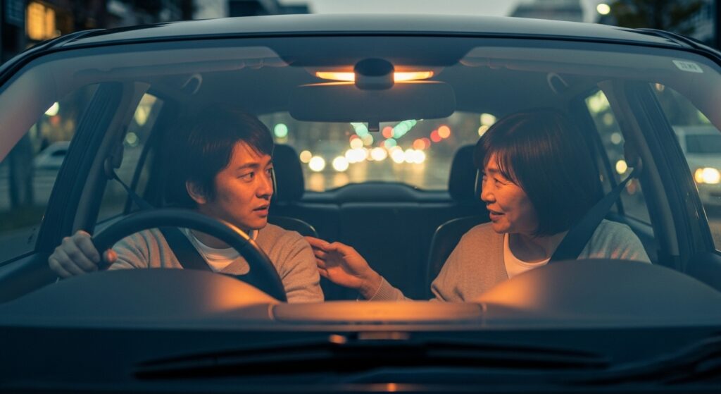 ADHDドライバーへの家族サポート|優しい声かけが運転の安心を生む瞬間 車内で穏やかに会話をする男女。ADHD傾向のあるドライバーが、家族から優しく声をかけられ安心して運転を続ける様子。