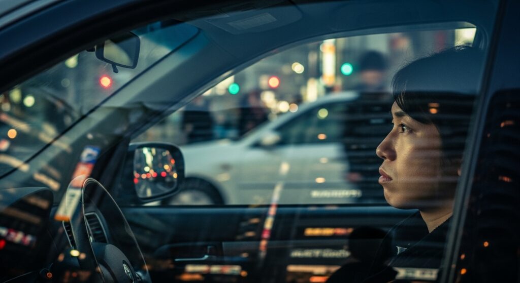 ADHDドライバーの夜の内省シーン|東京の街で止まる勇気を考える男性 夜の東京で運転席に座る男性。ADHD傾向のある人が、車内で自分の状態を冷静に見つめ、無理をせず運転を止める判断を考えている様子。